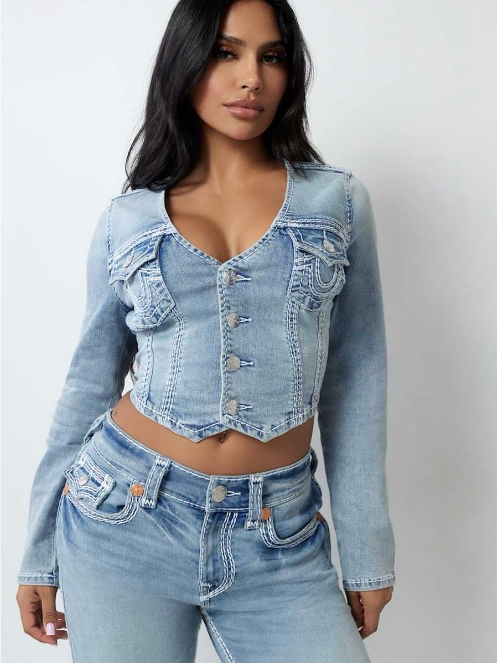 True Religion Crew V Neck Super QT Long Sleeve Y2K Top Light Blue Denim